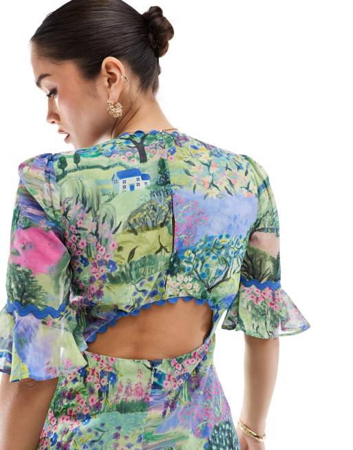 Hope & Ivy frill sleeve thigh split open back maxi dress in green scenic print, 2 of 4