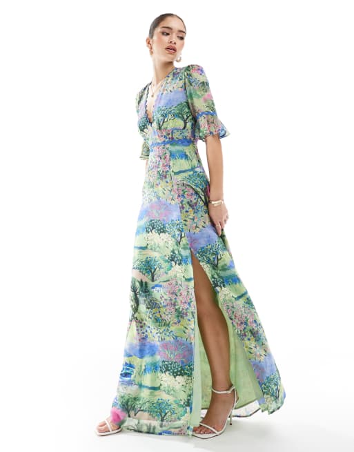 Hope & Ivy frill sleeve thigh split open back maxi dress in green scenic print, 3 of 4
