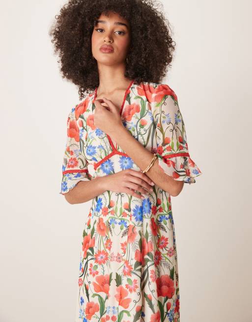 Hope & Ivy frill sleeve thigh split open back maxi dress in red multi, 3 of 4