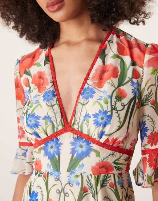 Hope & Ivy frill sleeve thigh split open back maxi dress in red multi, 4 of 4