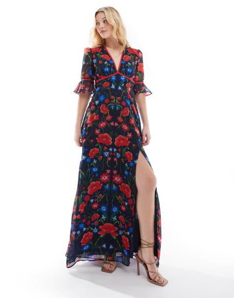 Hope & Ivy frill sleeve thigh split open back maxi dress in red navy print - view 1