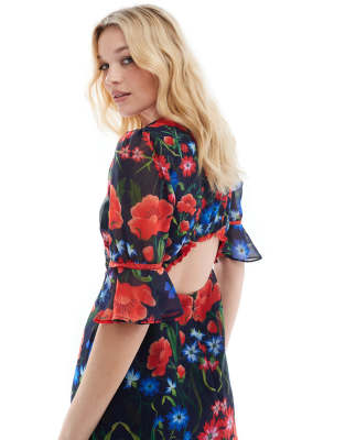 Hope & Ivy Frill Sleeve Thigh Split Open Back Maxi Dress In Navy