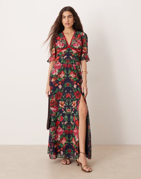 Hope & Ivy frill sleeve thigh split open back maxi dress in red navy print