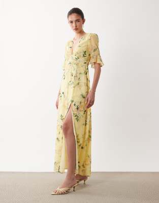 Hope & Ivy Frill Sleeve Thigh Split Open Back Maxi Dress In Yellow