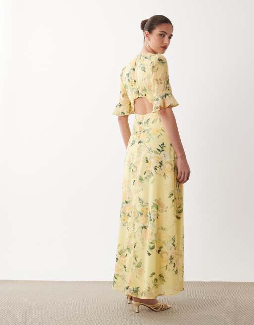 Hope & Ivy frill sleeve thigh split open back maxi dress in yellow floral, 3 of 4