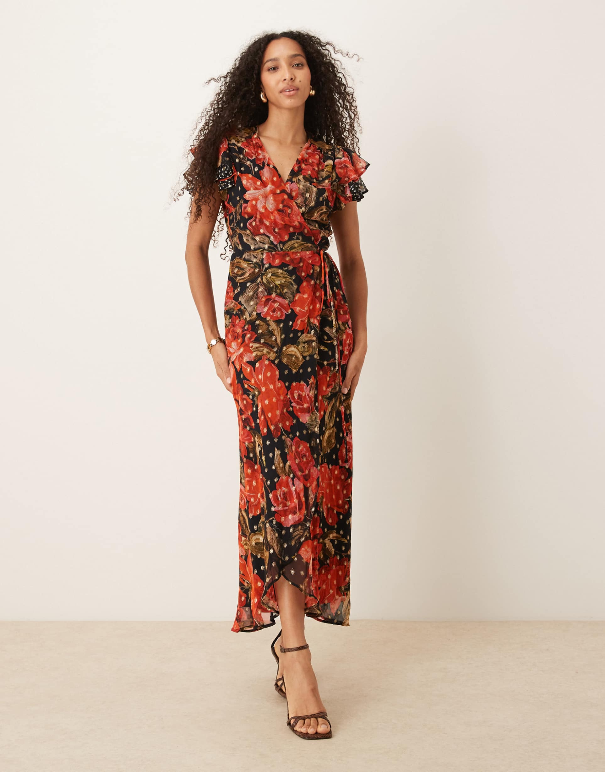 hope & ivy frill sleeve wrap front maxi dress in black and red floral
