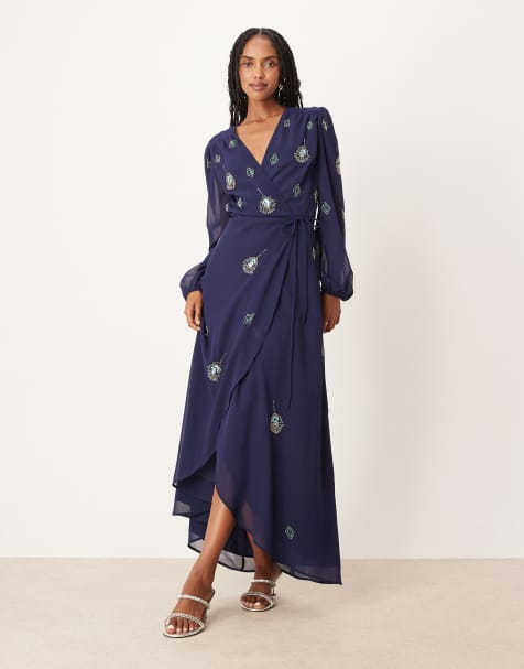Hope & Ivy embellished wrap front maxi dress in navy