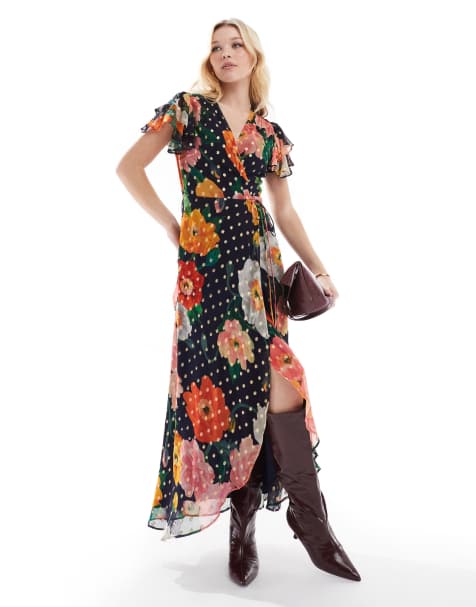 Hope & Ivy frill sleeve midi wrap dress with tie waist in navy print