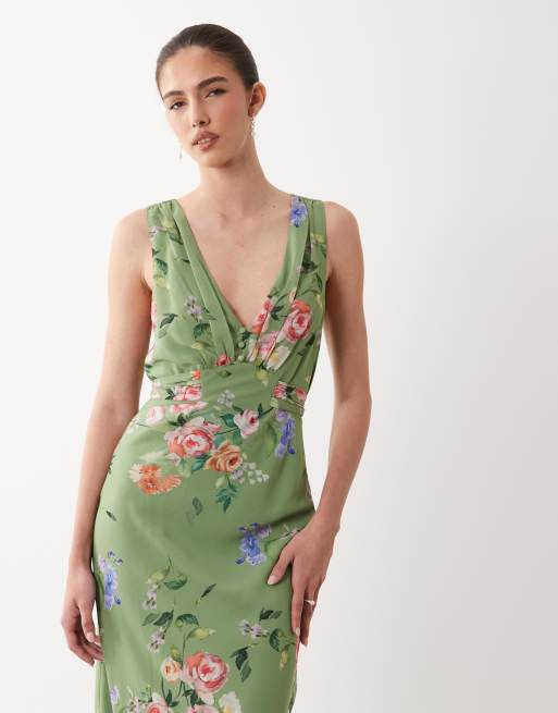 Hope & Ivy - Grøn maxikjole med blomsterprint og V-hals samt knapper og bindebånd i taljen, 2 af 4