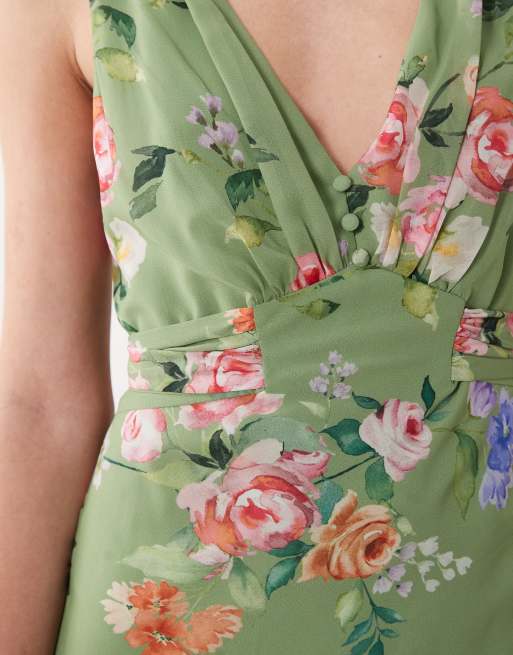 Hope & Ivy - Grøn maxikjole med blomsterprint og V-hals samt knapper og bindebånd i taljen, 3 af 4
