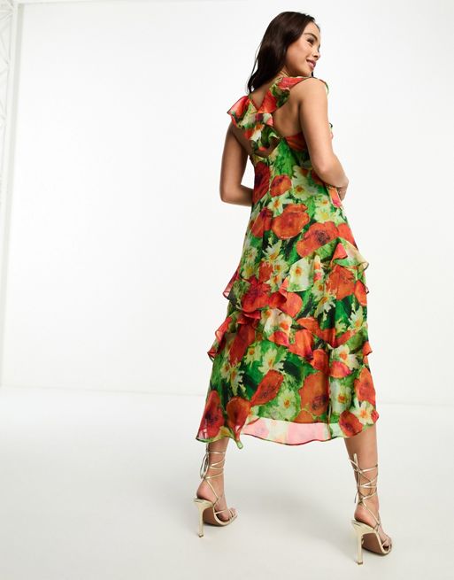Hope & Ivy - Grøn og rød midaxi-kjole med flæseærmer og blomstermønster