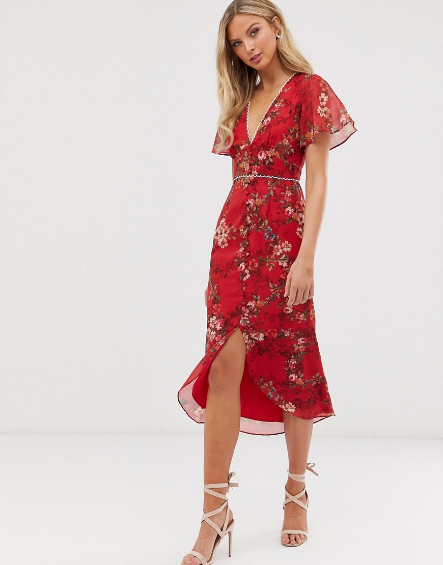 Hope & Ivy - Halflange jurk met bloemenprint en knopen-Rood