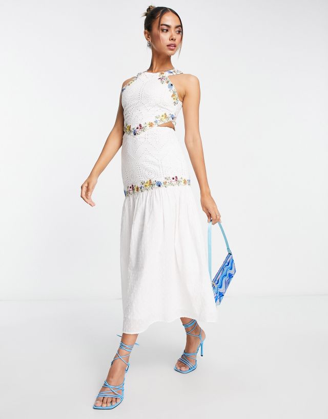 Hope & Ivy halter neck midaxi embroidered dress in ivory