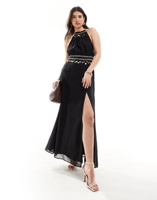 halterneck maxi dress with embellishment in black