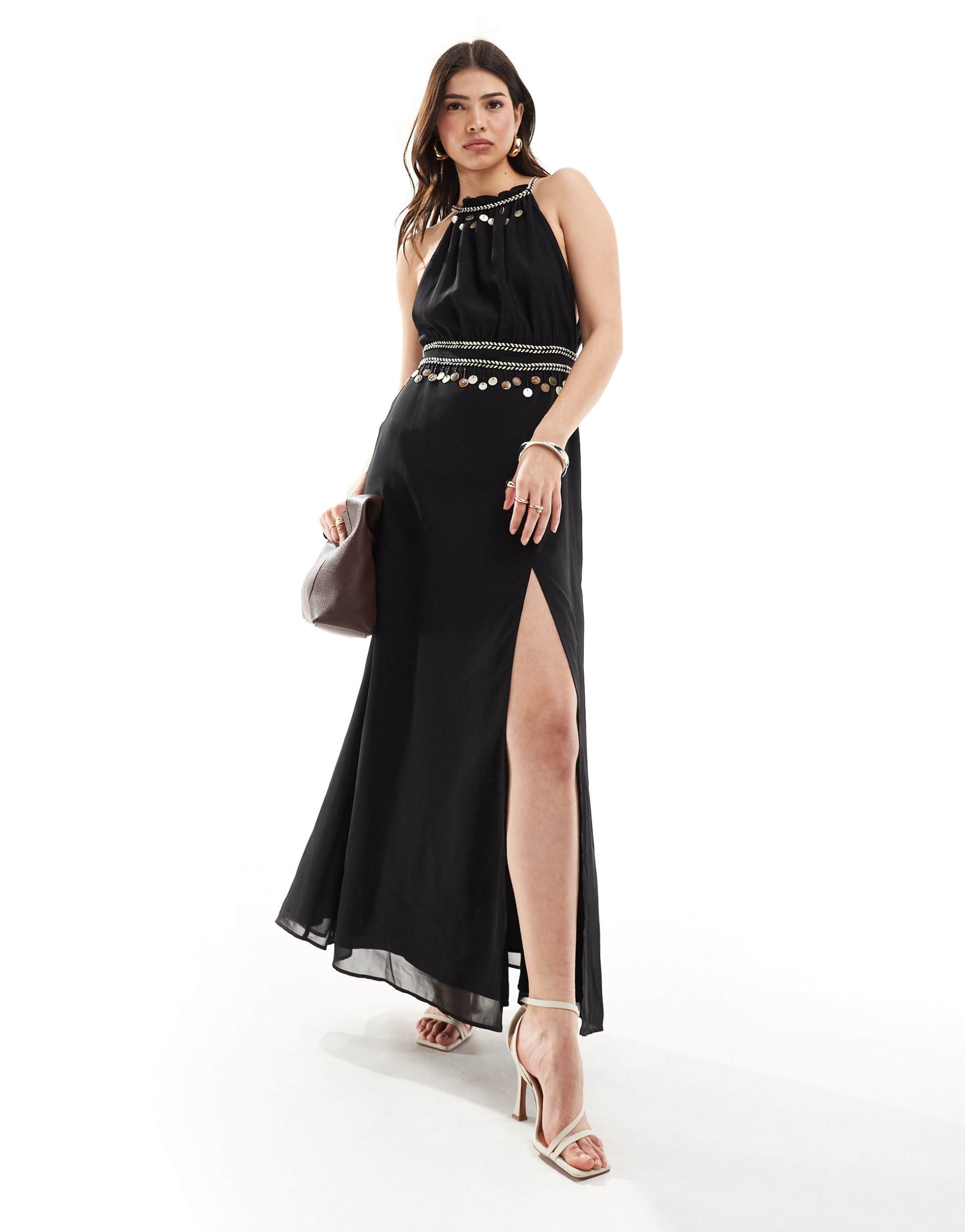 hope & ivy halterneck maxi dress with embellishment in black