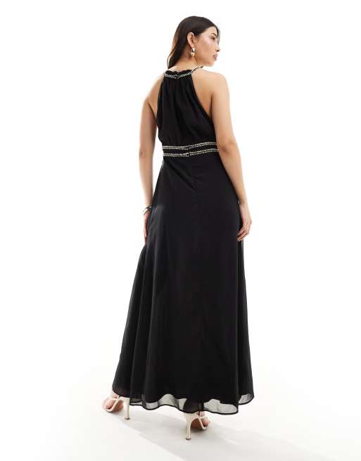 Hope & Ivy halterneck maxi dress with embellishment in black , 3 of 4