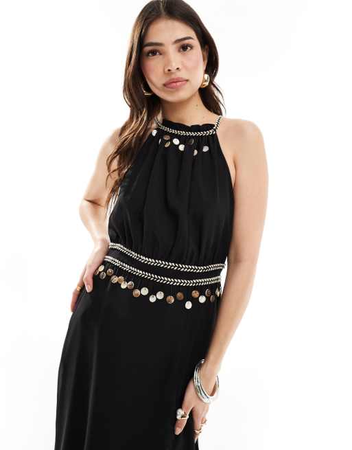 Hope & Ivy halterneck maxi dress with embellishment in black , 4 of 4