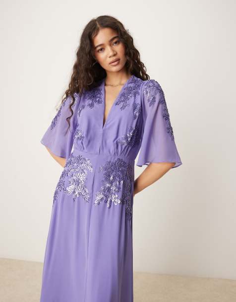 Hope & Ivy Hartley Plunge Front Embellished Maxi Dress with Flutter Sleeves in Purple