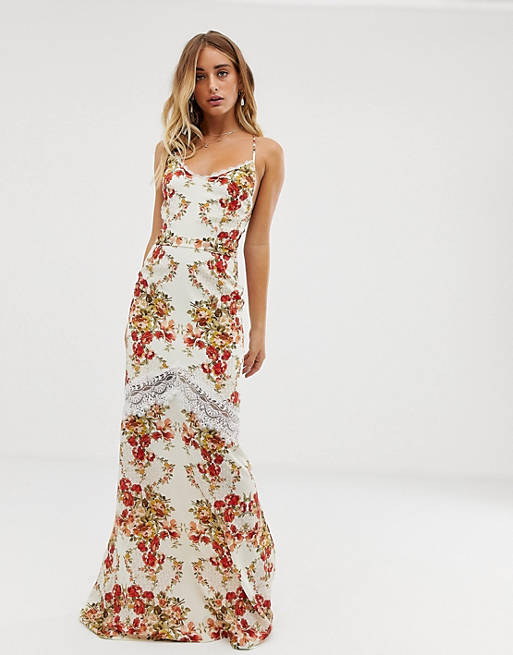 Hope & Ivy high all over printed maxi dress with lace inserts in orange ...