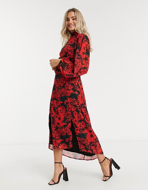 Hope & Ivy high neck belted midaxi dress with open back in vibrant poppy print