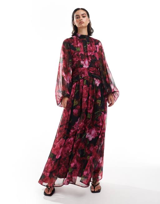 Hope & Ivy high neck chiffon maxi dress in dark based red floral print, 3 of 4