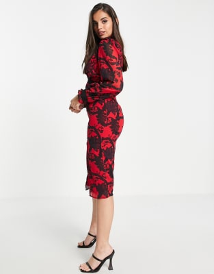 Hope & Ivy high neck contrast lace midi dress in red and black | ASOS