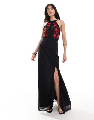 Hope & Ivy High Neck Embroidered Maxi Dress With Slit In Black