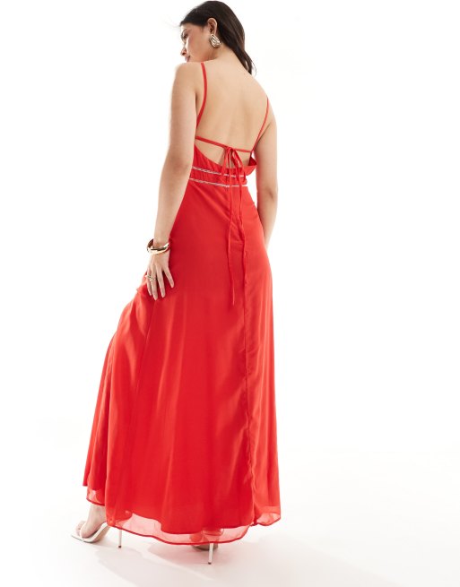 Hope Ivy high neck embroidered maxi dress with split in red ASOS