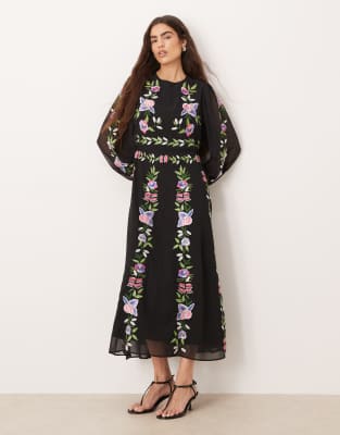 Hope & Ivy High Neck Embroidered Midaxi Dress In Black
