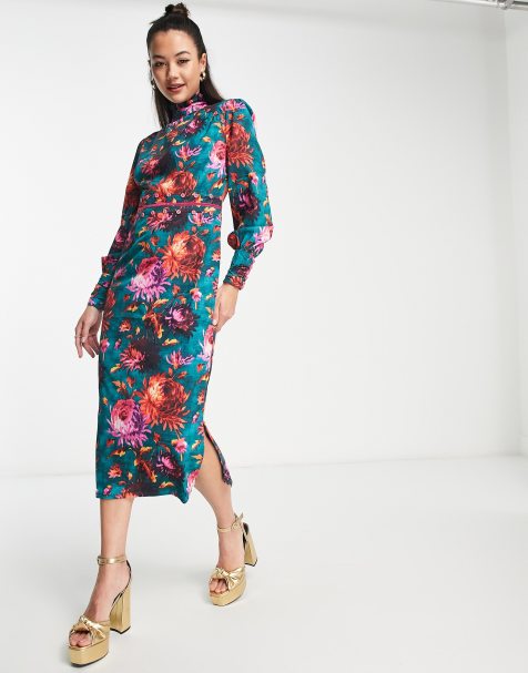 The Beatrice High Neck Blouson Sleeve Midi Dress With Velvet Belt by Hope  and Ivy