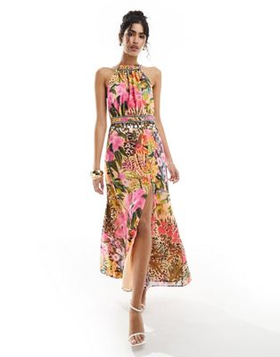 high neck maxi dress with thigh split in khaki floral-Green