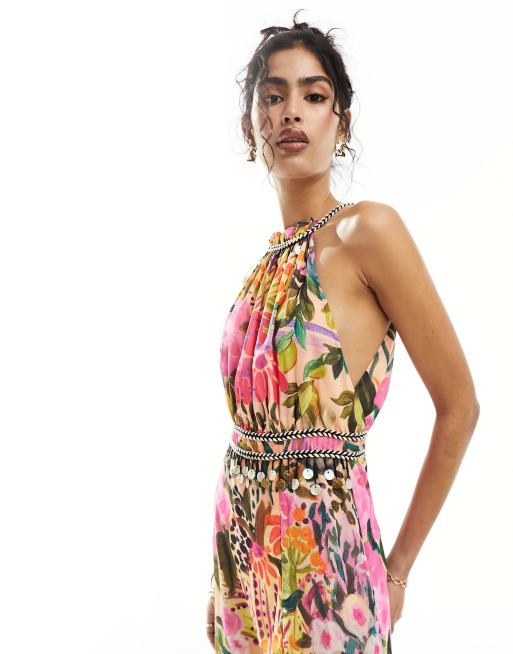 Hope & Ivy high neck maxi dress with thigh split in khaki floral, 2 of 4