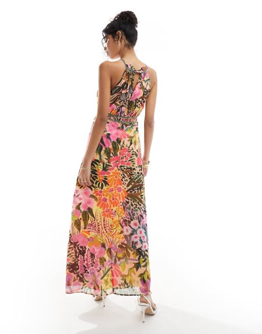 Hope & Ivy high neck maxi dress with thigh split in khaki floral, 3 of 4