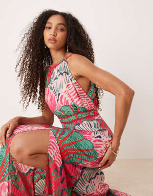 high neck maxi dress with thigh split in red shell print