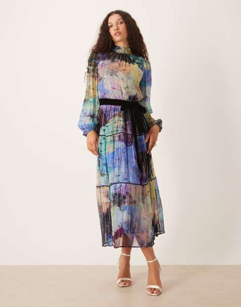 Hope & Ivy high neck maxi dress with tie waist in blue print - view 1