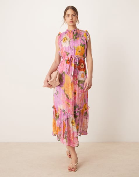 Hope & Ivy high neck ruffle midi dress with tie waist in pink print - view 1