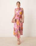 [Hope & Ivy] Hope & Ivy high neck ruffle midi dress with tie waist in pink print 14 Pink Multi