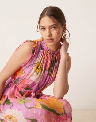 Hope & Ivy High Neck Ruffle Midi Dress With Tie Waist