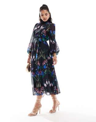 Hope & Ivy Hope & Ivy high neck tiered maxi dress with tie waist in navy floral