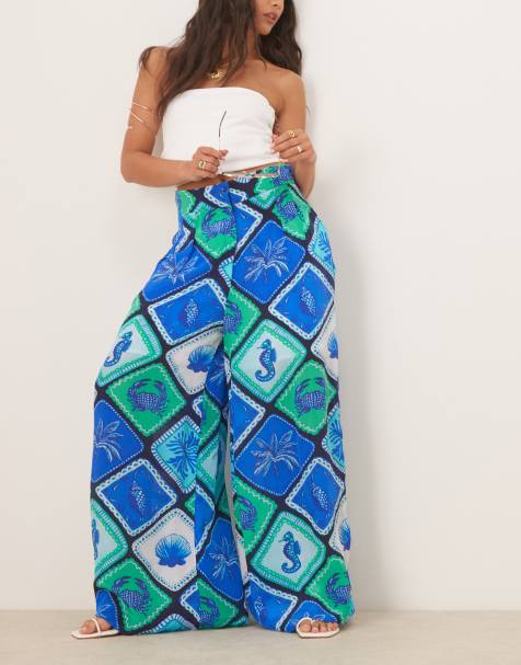Hope & Ivy high waist palazzo pants in blue shell print - view 1