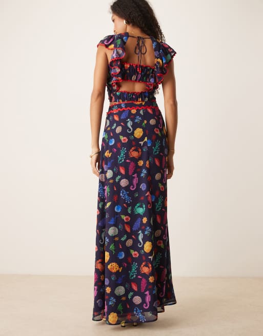【CERRIC】SHELL LONG SKIRT 3色 ☆大人気☆ Hope & Ivy high waisted thigh slit maxi skirt in navy shell