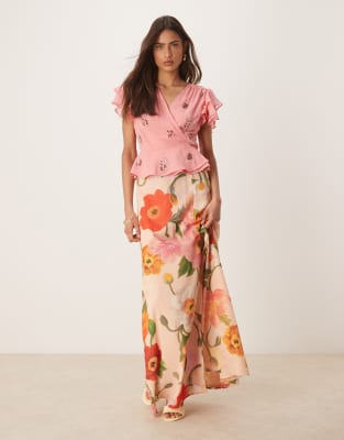 Hope & Ivy Hope & Ivy high waisted thigh split maxi skirt co-ord in pink multi