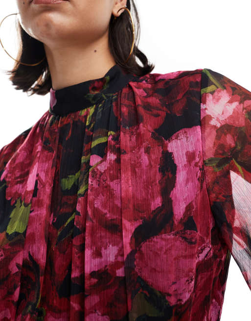 Hope & Ivy - Højhalset maxikjole i chiffon med rødt blomsterprint på mørk base, 2 af 4