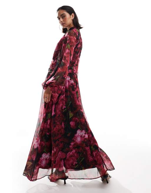 Hope & Ivy - Højhalset maxikjole i chiffon med rødt blomsterprint på mørk base, 4 af 4