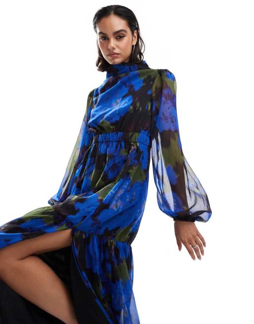 Hope & Ivy - Hoogsluitende maxi jurk met split in kobaltblauwe bloemenprintprint 