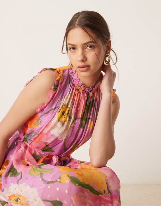 Hope & Ivy - Hoogsluitende midi jurk met ruches en gestrikte taille in roze met print, 2 van 4