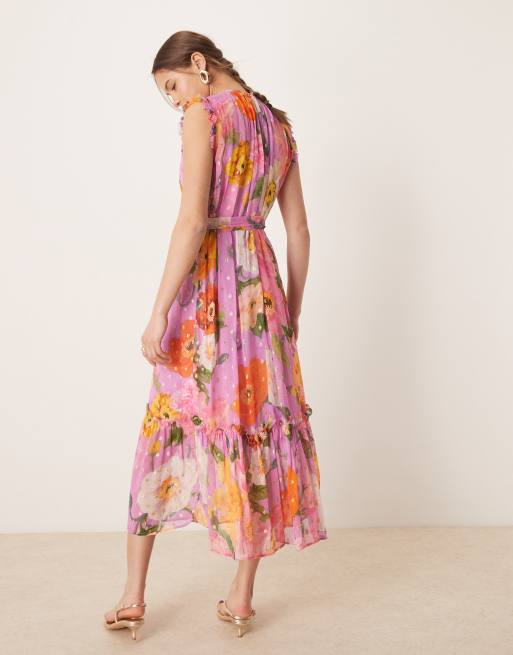 Hope & Ivy - Hoogsluitende midi jurk met ruches en gestrikte taille in roze met print, 3 van 4