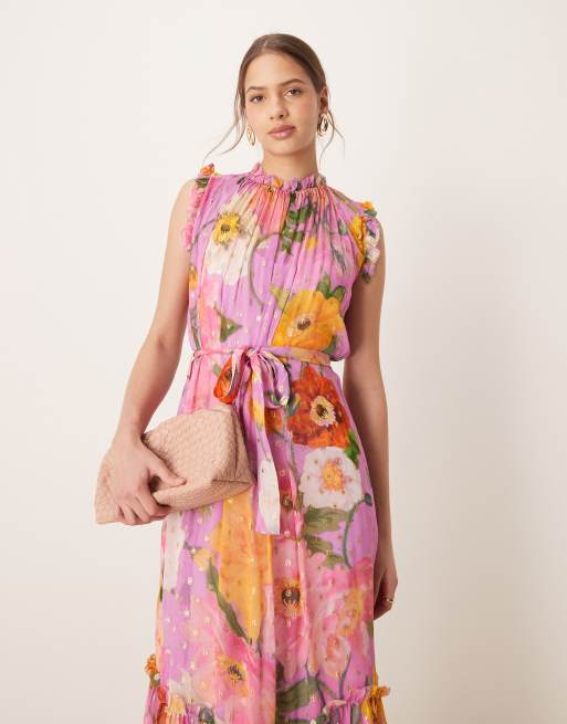 Hope & Ivy - Hoogsluitende midi jurk met ruches en gestrikte taille in roze met print, 4 van 4