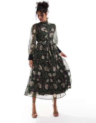 in collaboration with The William Morris Society button front tie waist midi dress in dark based floral-Multi