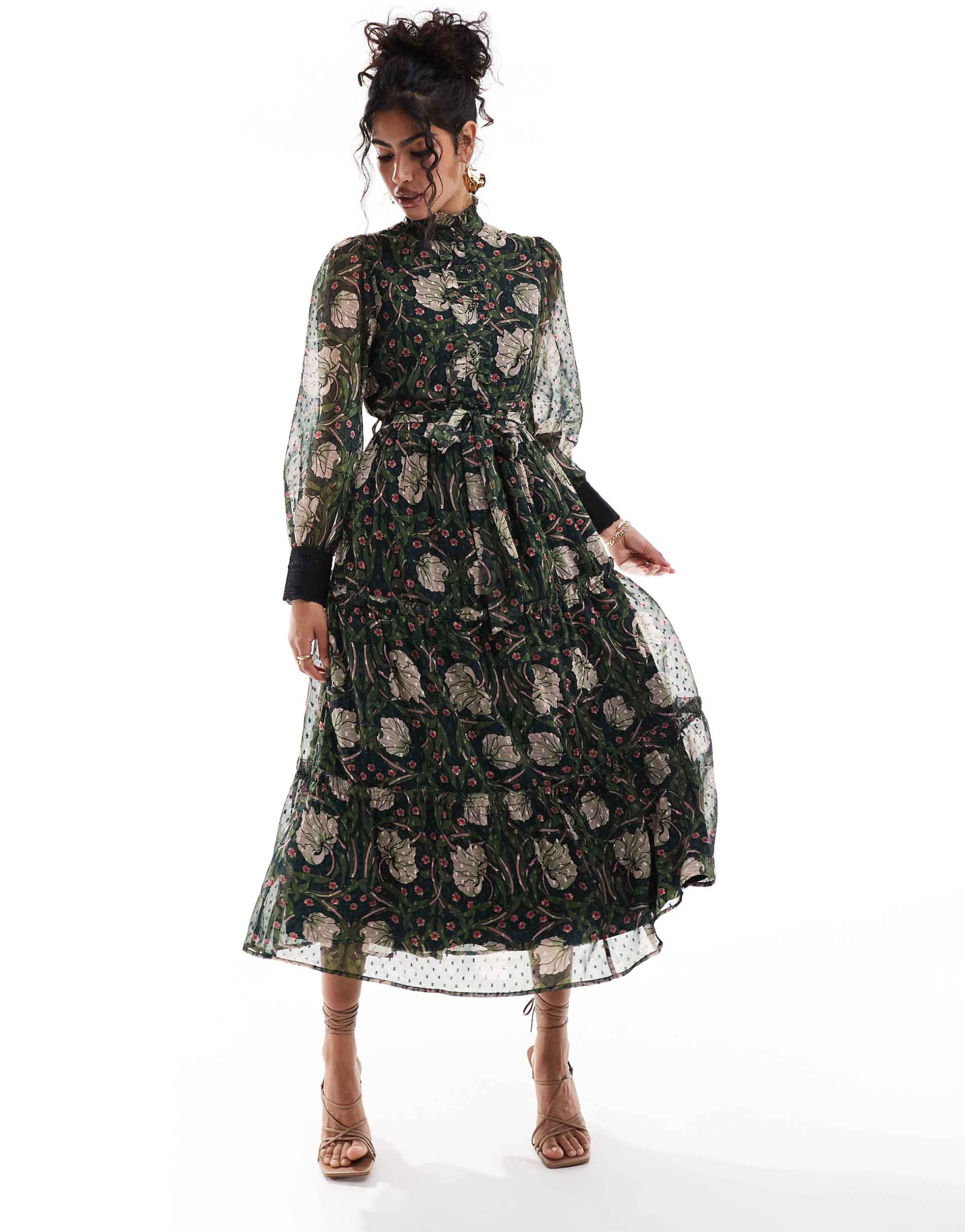 hope & ivy in collaboration with the william morris society button front tie waist midi dress in dark based floral